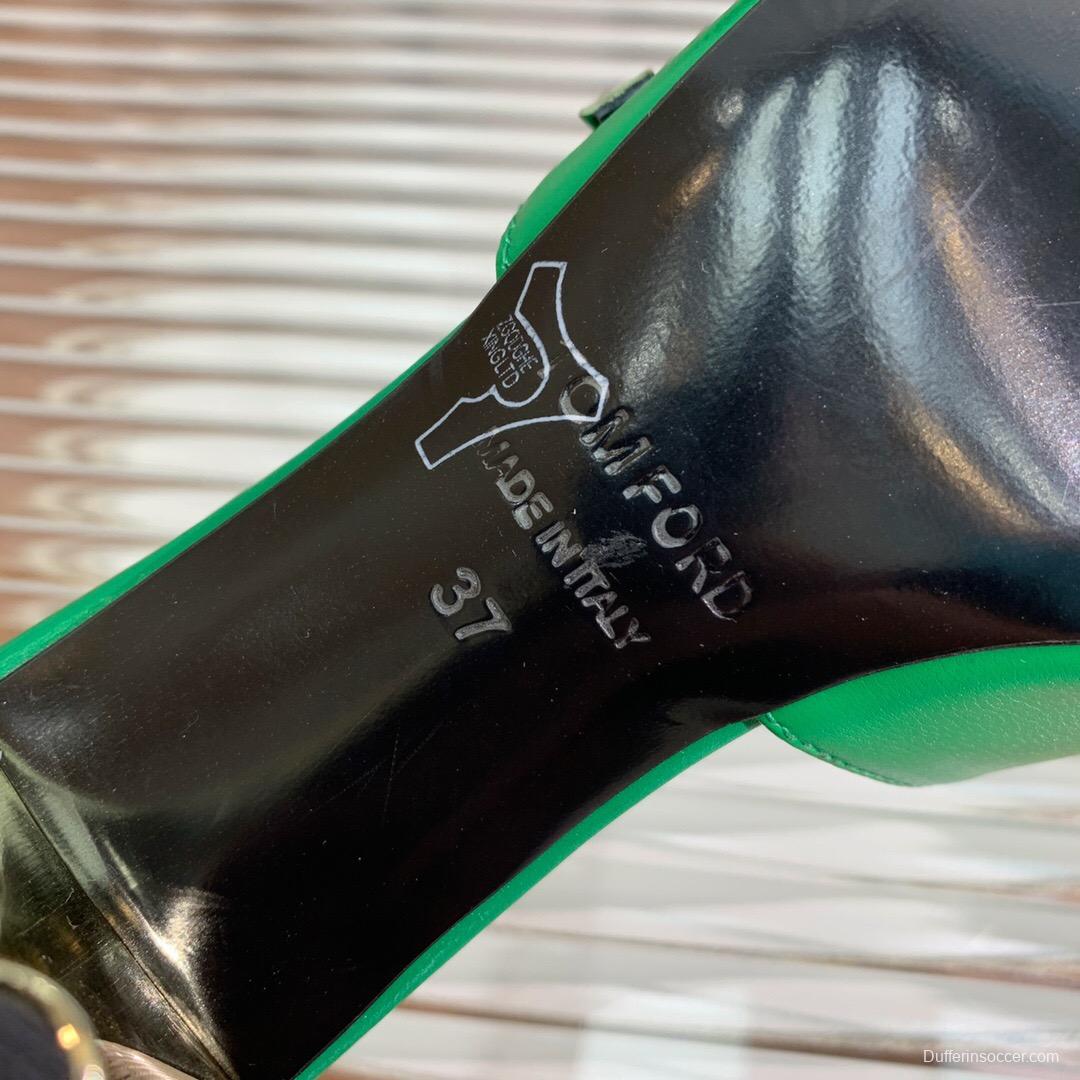 2025 Women TOM FORD Green Gold Leather Pointed Toe Mules KFY00300