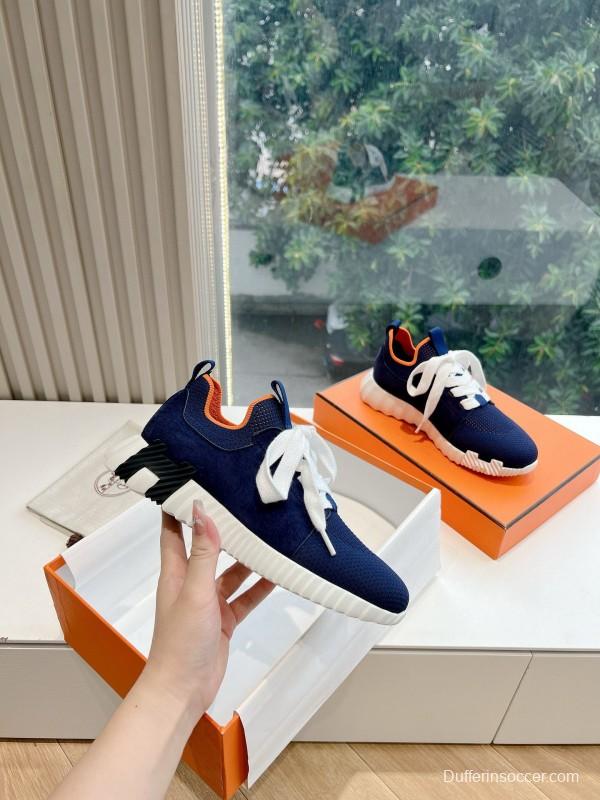 2024 Unisex Hermès Navy Brown Calfskin Suede Knit Sneakers MJ00290