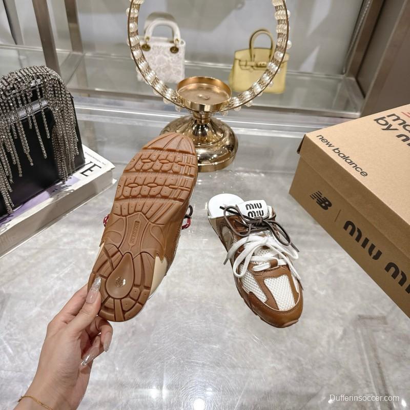 2025 Women Miumiu Brown White Leather Mesh Sneakers