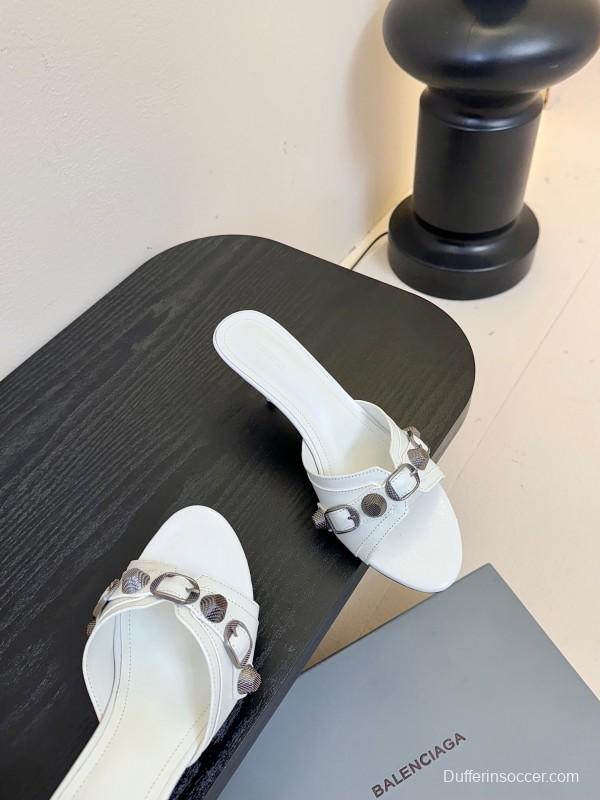 2025 Women Balenciaga White Leather Heeled Mules KFY00290