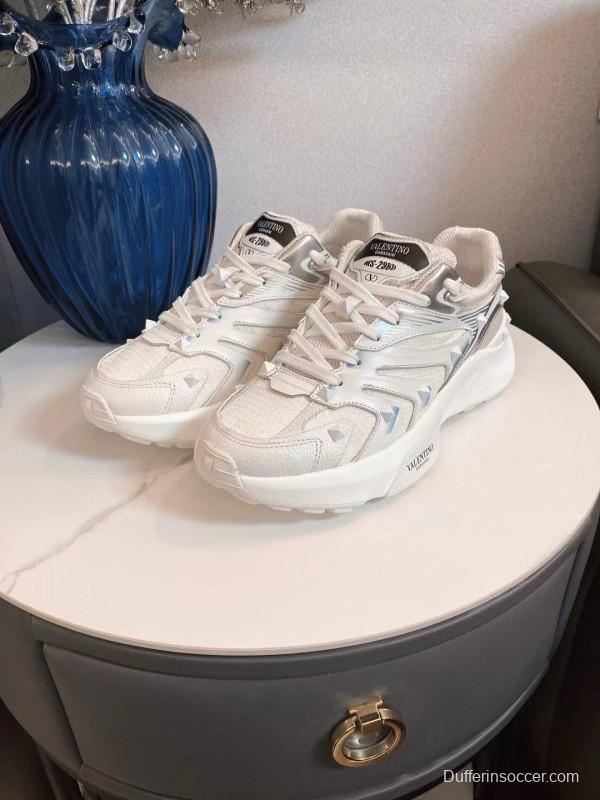 2024 Unisex Valentino White Silver Mesh Leather Sneakers MJ00410