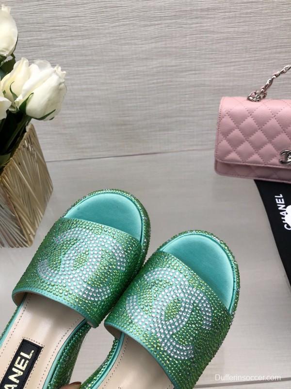 2025 Women Chanel Green Leather Slippers