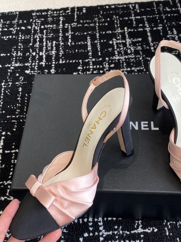 2025 Women Chanel Pink Black Satin Leather Slingback Heels KFY00289