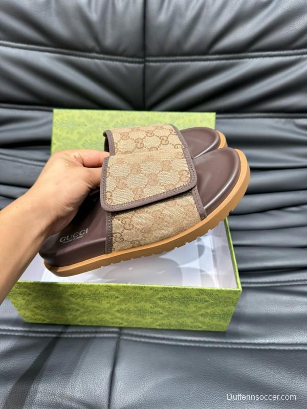 2024 Slippers Gucci Brown Canvas Leather Slippers MJ00200