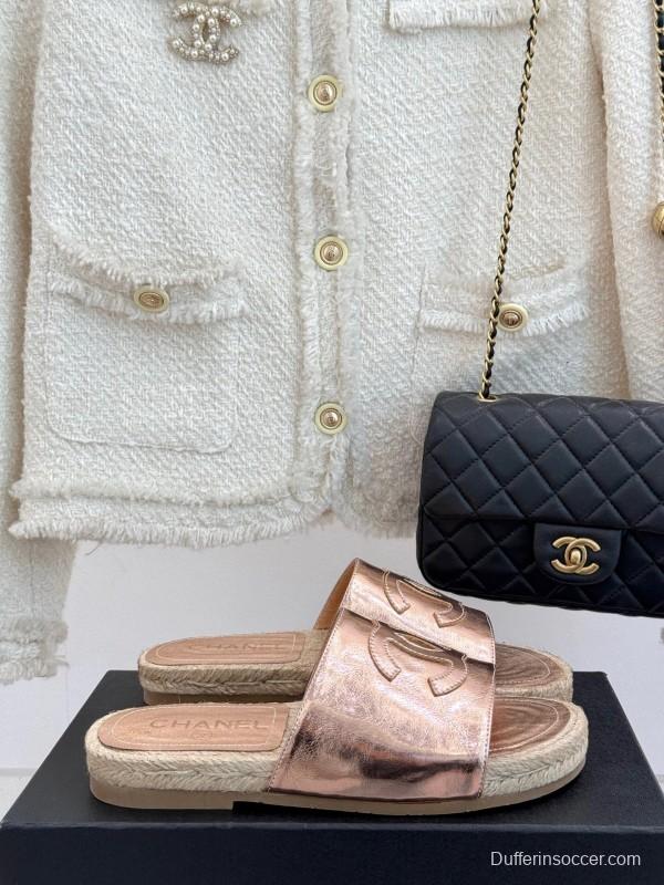 2025 Slippers Chanel Rose Gold Leather Women Espadrille Handmade KFY00230