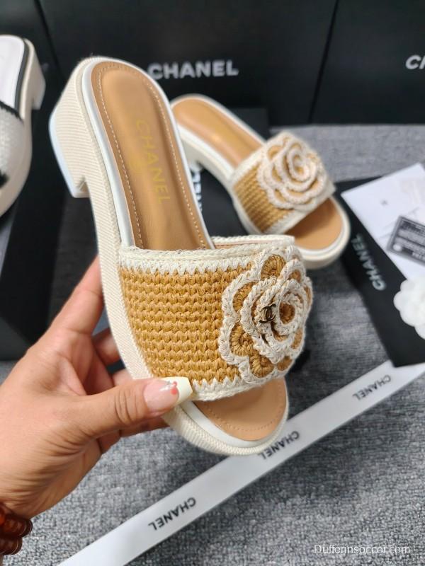 2025 Slippers Chanel Beige White Crochet Flower LY00260