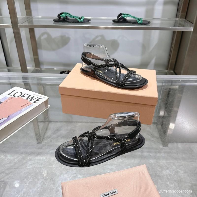 2025 Women Miu Miu Black Leather Rope Sandals