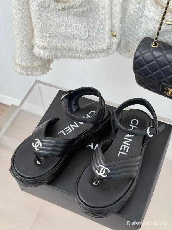 2025 Women Chanel Black Leather Sandals Platform