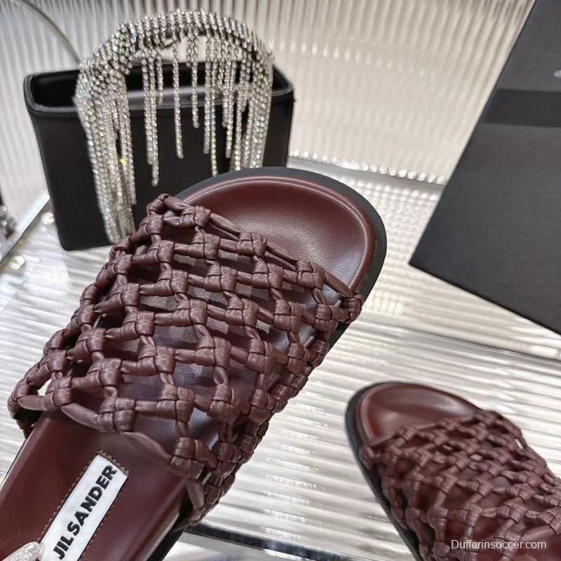 2025 Women Jil Sander Brown Leather Woven Slippers