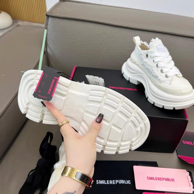 2025 Unisex Smile Republic White Canvas Thick Sole Casual Sneakers Frayed Edge LY00291
