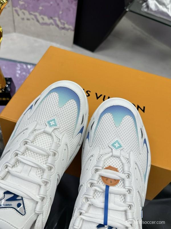 2025 Men Louis Vuitton Blue White Mesh Leather Sneakers MJ00420
