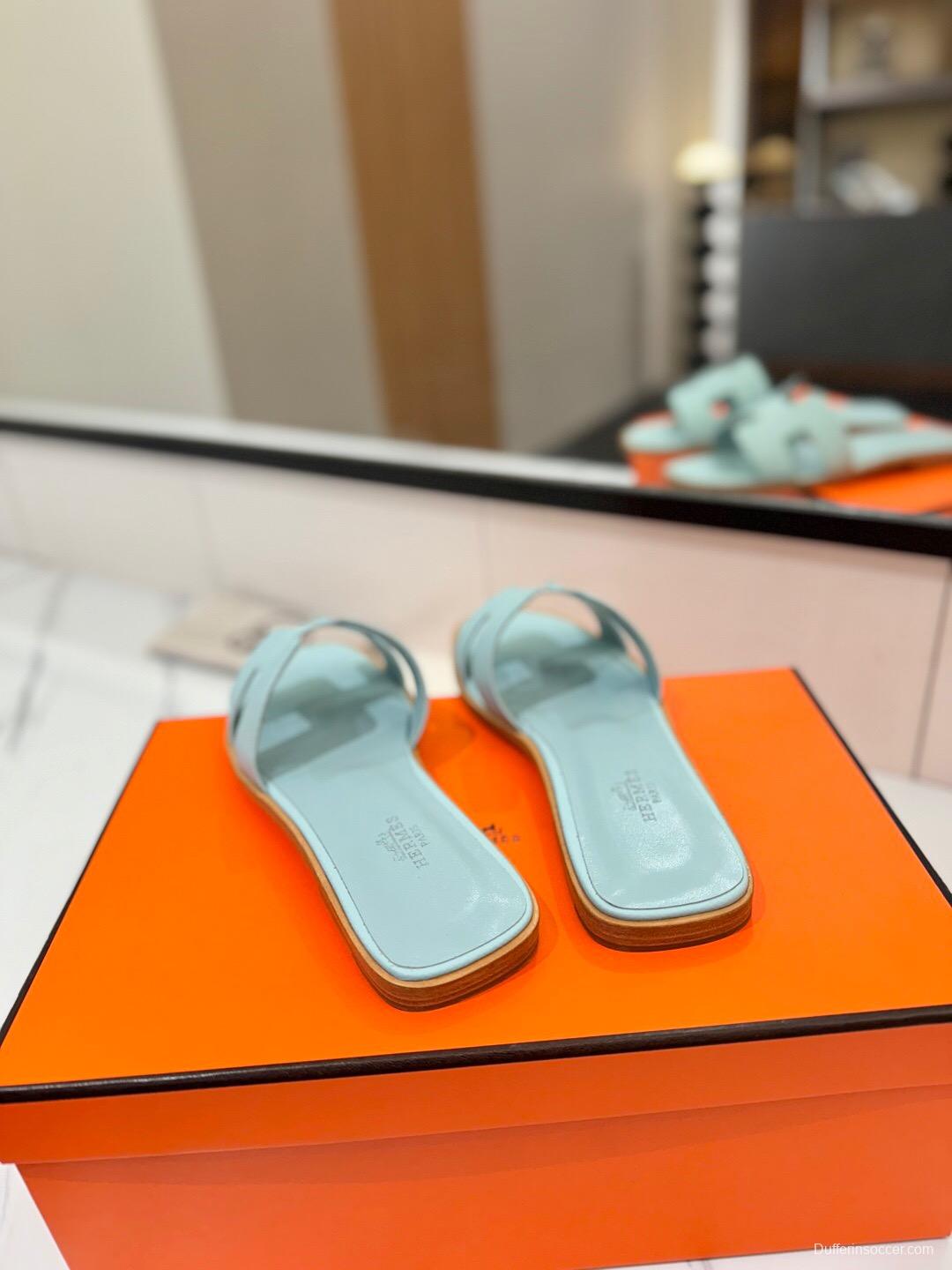 2025 Women Hermès Light Blue Leather Slippers