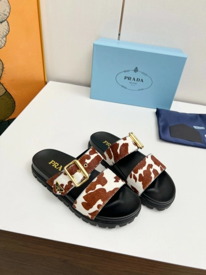 2025 Slippers Prada Brown White Leather Cow Print LY00260