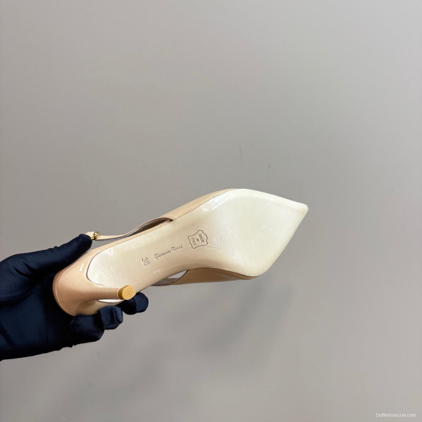 2025 Women Gianvito Rossi Beige Patent Leather Slingback High Heel Gemstone KFY00300