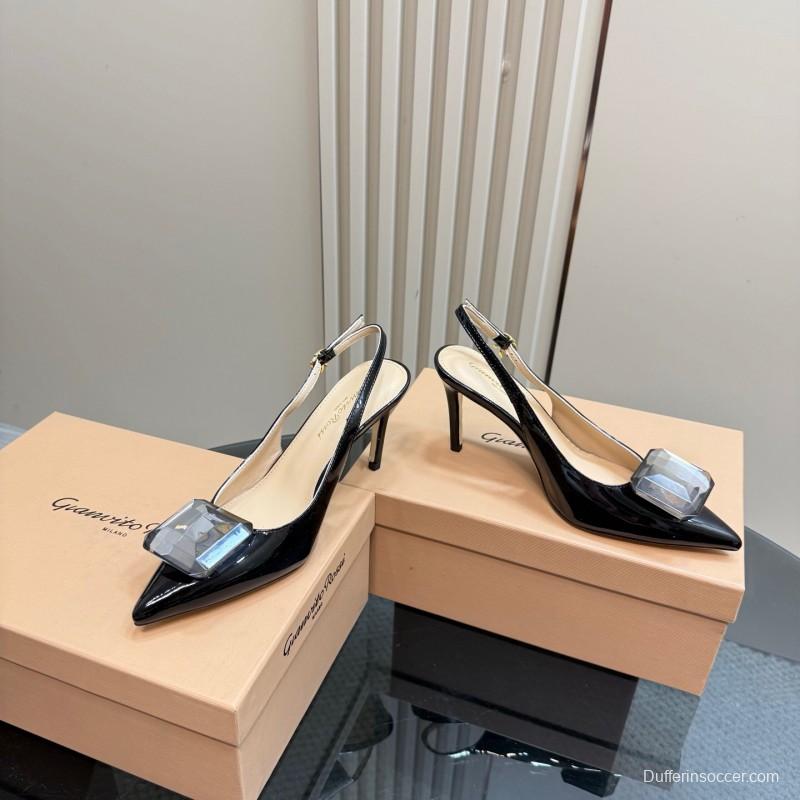 2025 Women Gianvito Rossi Black Patent Leather Slingback Heels KFY00300