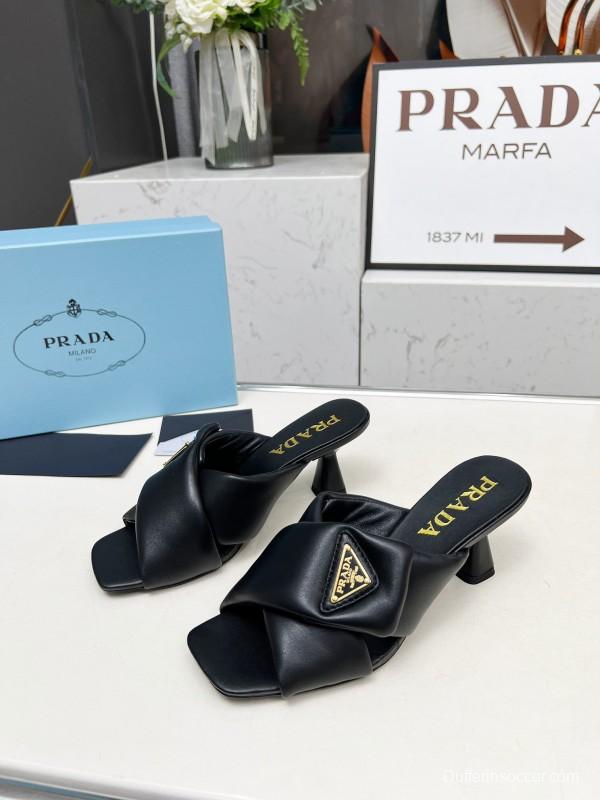 2025 Women Prada Black Soft Leather High Heel Mules KFY00270