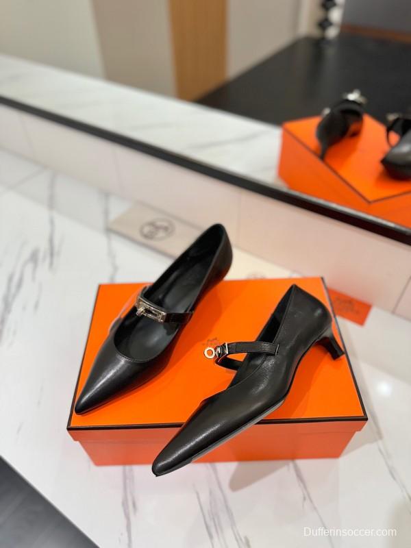 2025 Women Hermès Black Calfskin Leather Mary Jane 4cm Heel KFY00330