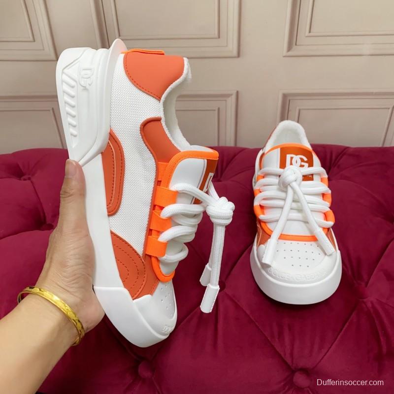 2025 Unisex Dolce & Gabbana Orange White Mesh Leather Sneakers