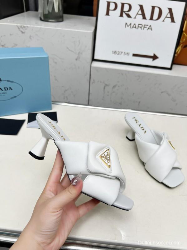 2025 Women Prada White Calf Leather Heeled Slide LY00270
