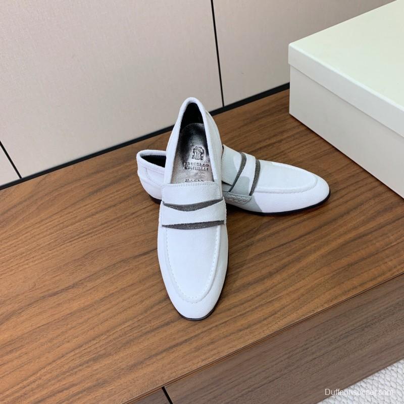 2025 Women Brunello Cucinelli White Suede Loafers Handcrafted Bead Chain Detail LY00360 (F)