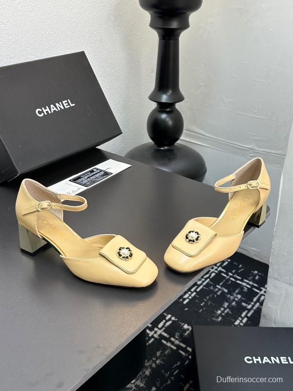 2025 Women CHANEL Beige Lambskin Mid Heel Ankle Strap Square Toe Pumps
