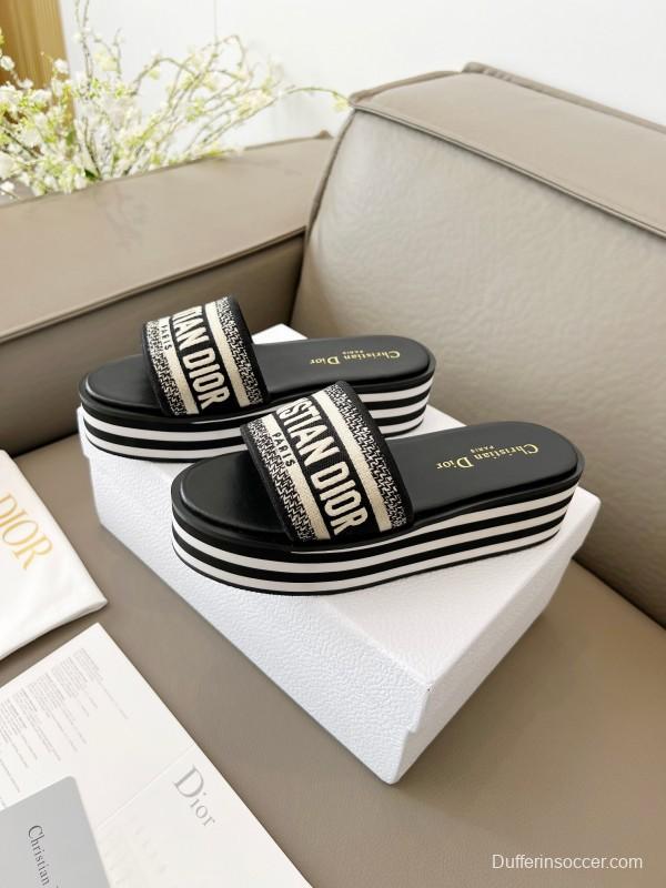 2025 Women Dior Black White Canvas Platform Sandals