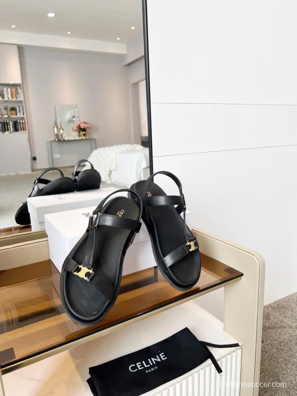 2025 Women Celine Black Leather Sandals LY00220