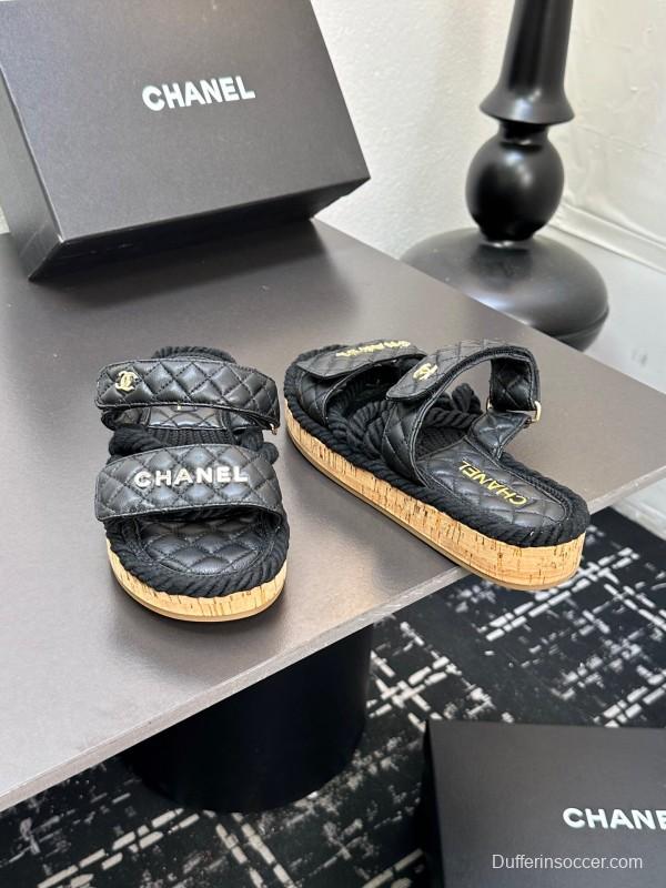 2025 Slippers Chanel Black Leather Cork Sole Sandal LY00250