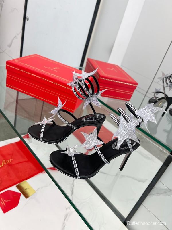 2025 Women RC Black Silver Silk Crystal High Heel Spiral Lace Sandals LY00340