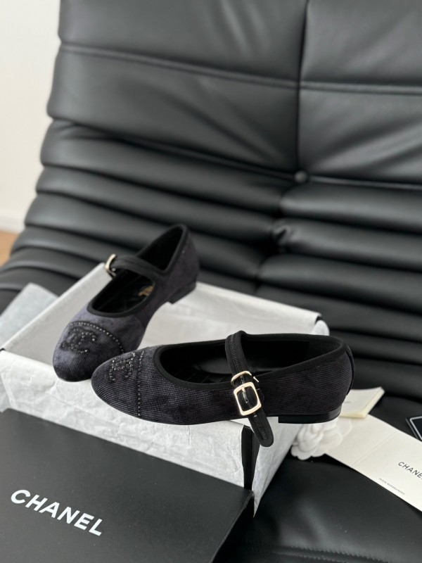 2025 Women Chanel Black Velvet Mary Jane Embroidered LY00280