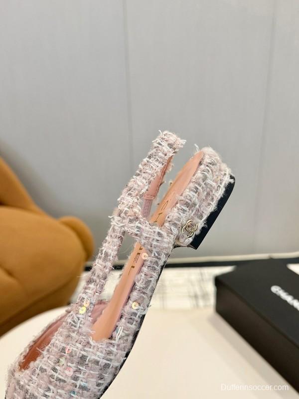 2025 Women Chanel Pink Black Mixed Leather Tweed Slingback Flats