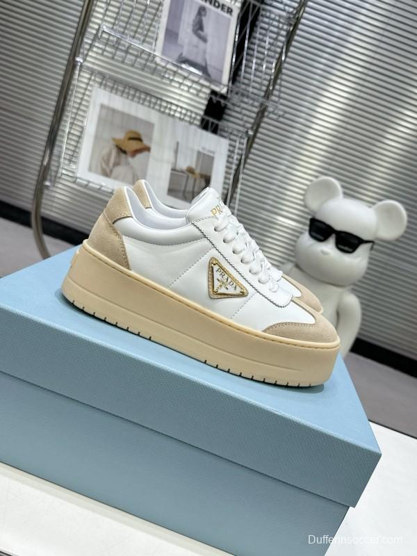 2025 Women Prada White Beige Leather Suede Sneakers