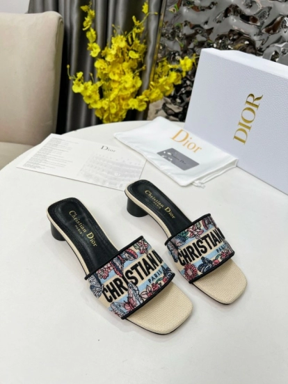 2025 Women Dior Black Beige Embroidery Mid Heel Slippers