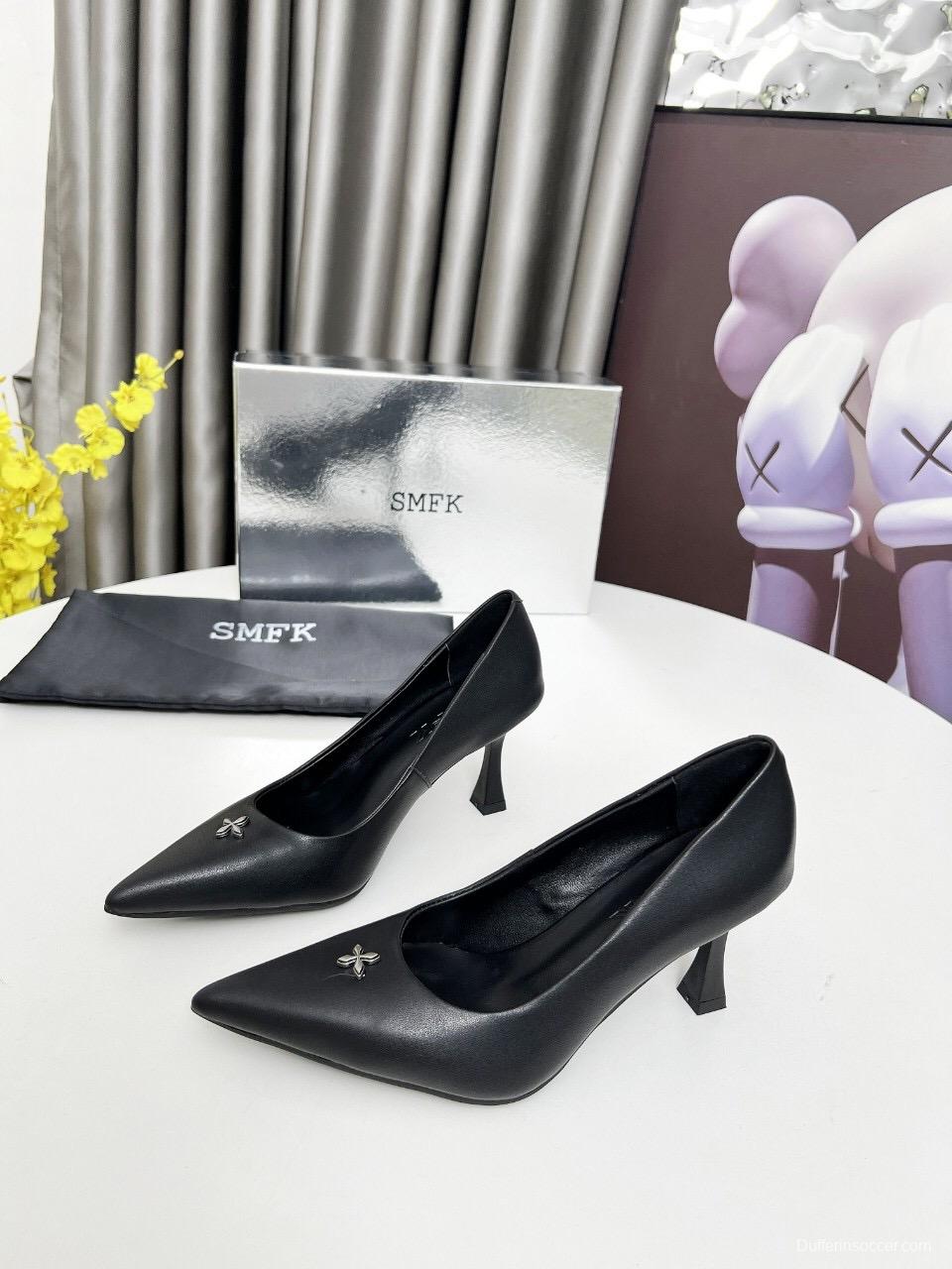 2025 Women SMFK Black Leather Heels LY