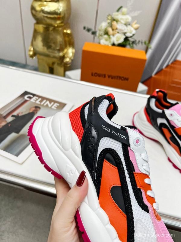 2025 Women Louis Vuitton Pink Orange Black Mesh Leather Sneakers LY00340