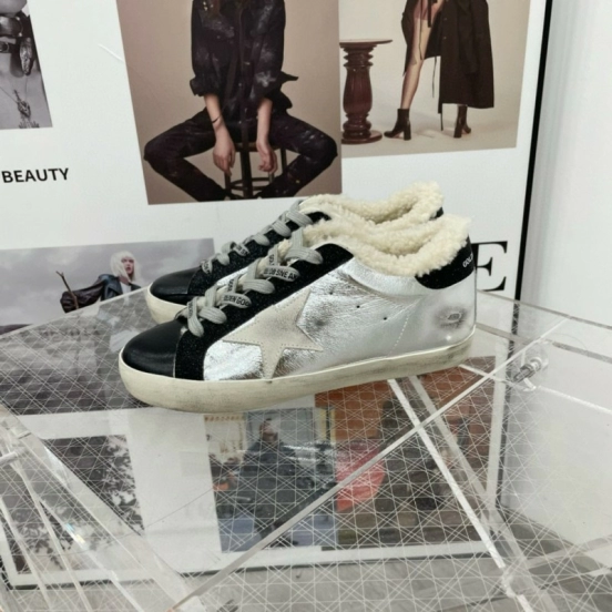 2025 Women GGDB Silver Black Leather Shearling Sneakers
