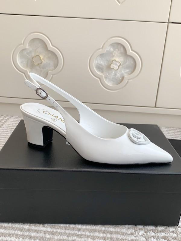 2025 Women Chanel White Patent Leather Slingback Heart CC KFY00300