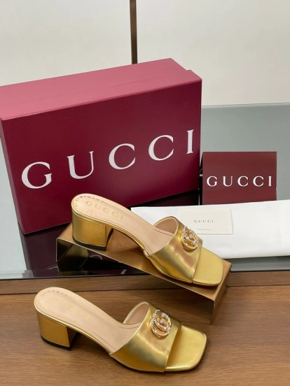 2025 Women Gucci Gold Leather Mules Block Heel