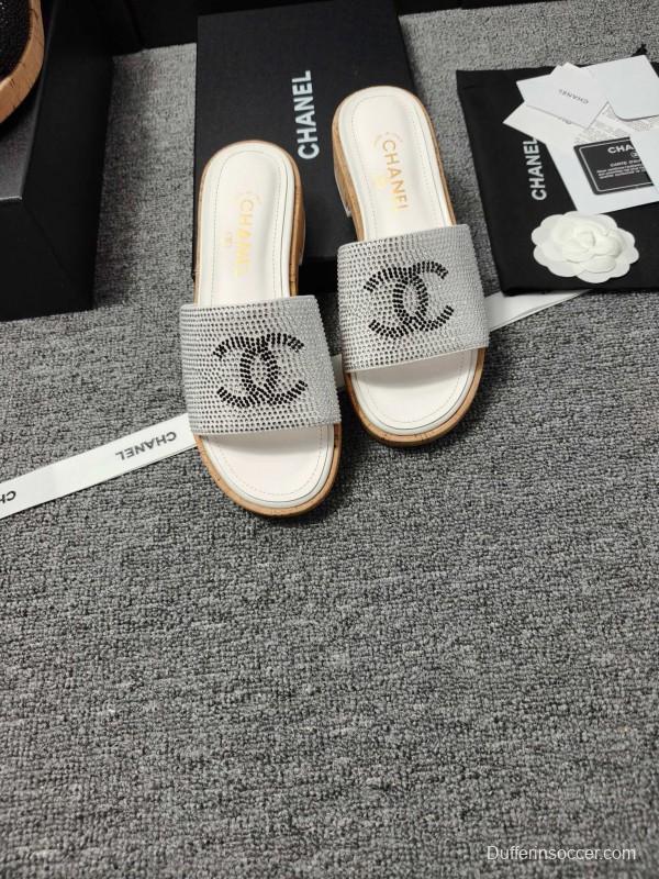 2025 CHANEL Silver Crystal Leather Slippers