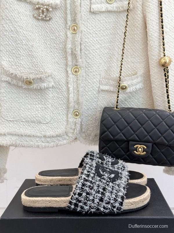 2025 Slippers Chanel Black White Tweed Espadrille Handcrafted KFY00230