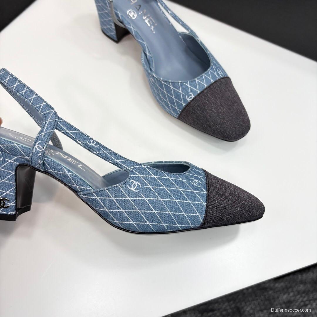 2025 Women Chanel Blue Grey Denim Leather Slingback Shoes