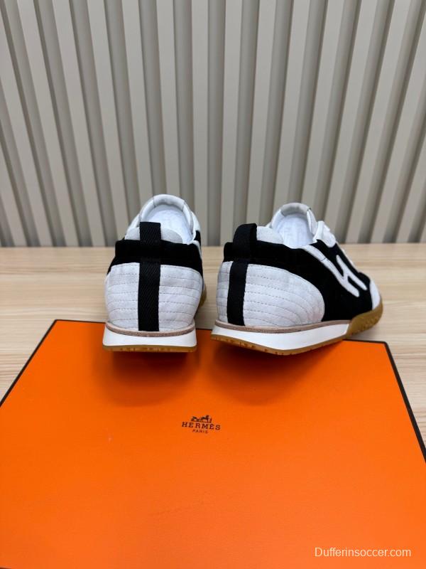 2025 Unisex Hermès White Black Suede Down Fabric Sneakers Top Version KFY00300
