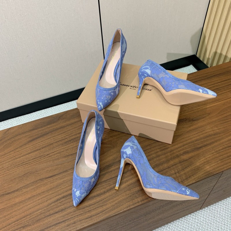 2025 Women Gianvito Rossi Blue Lace Leather Pumps