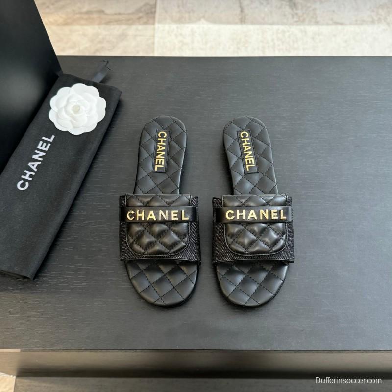 2025 Women Chanel Black Leather Slippers