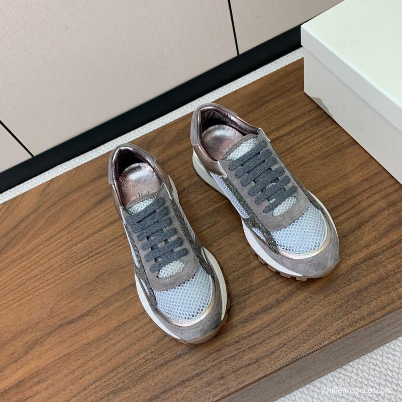 2025 Unisex Brunello Cucinelli Grey Silver Suede Mesh Sneakers