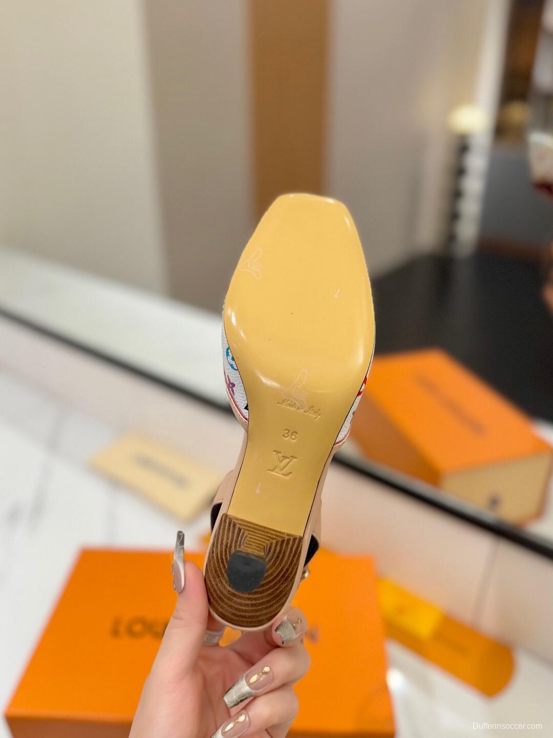 2025 Women Louis Vuitton White Multicolor Canvas Slingback Heels KFY00310