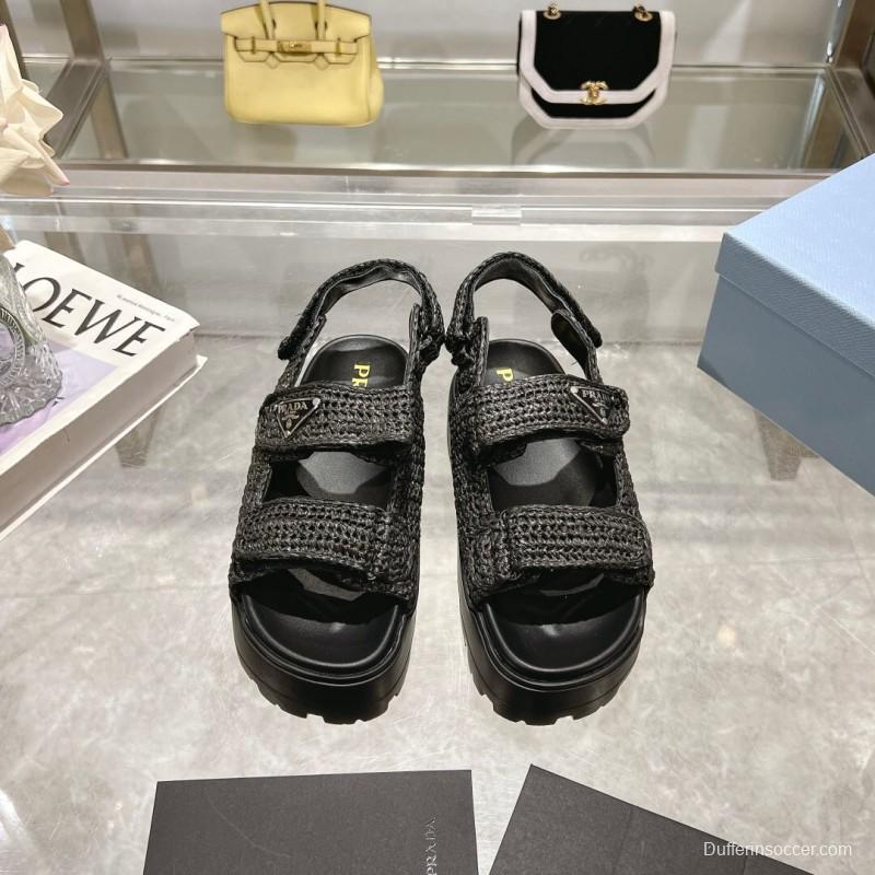2025 Women Prada Black Woven Leather Sandals LY