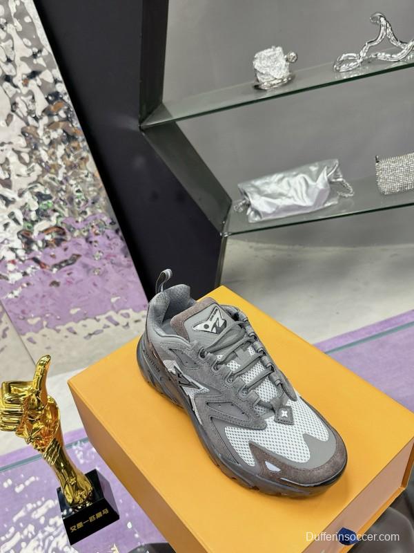 2025 Men Louis Vuitton Grey White Mesh Leather Sneakers MJ00420