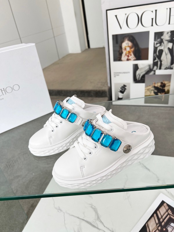 2025 Women Jimmy Choo White Blue Leather Sneakers LY00350