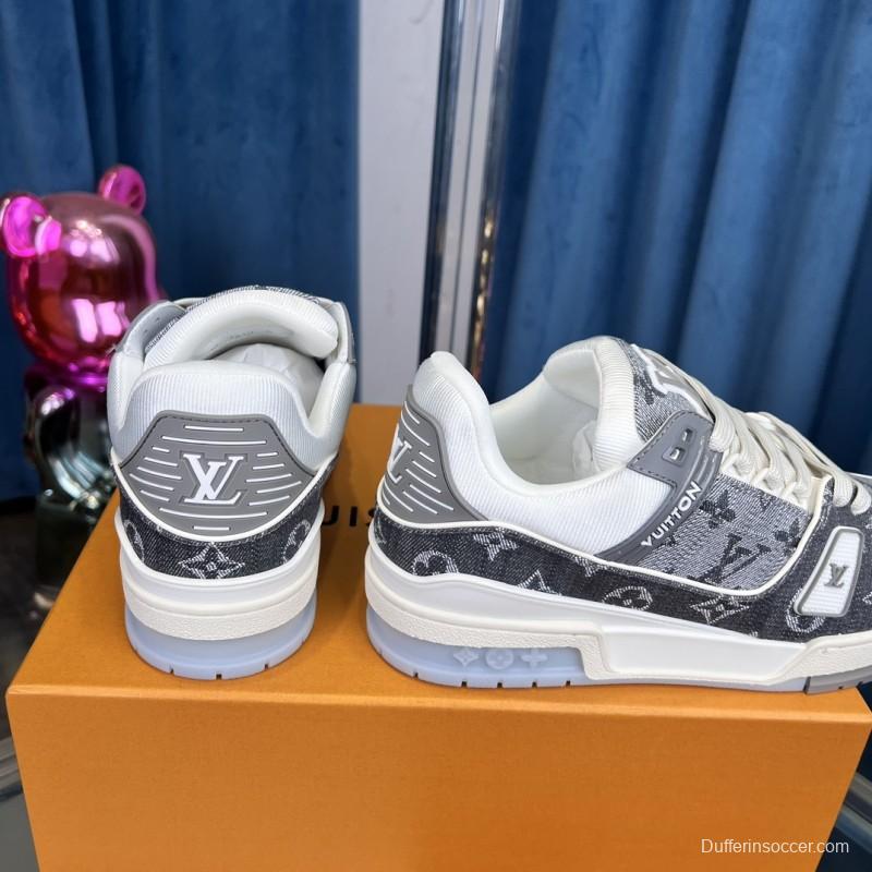 2025 Unisex Louis Vuitton Grey White Fabric Leather Sneakers